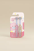 Two children's toothbrushes in a pink packaging with cartoon character on a white background