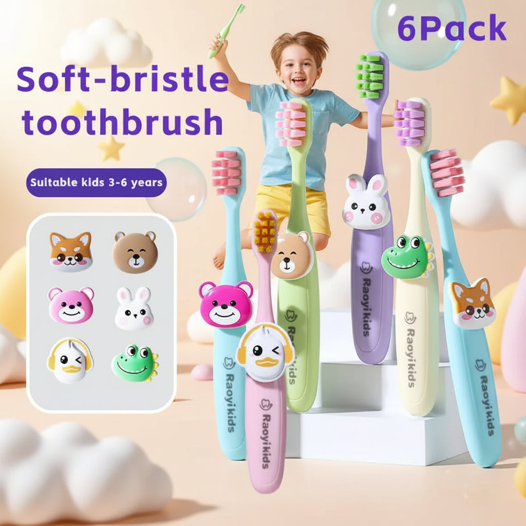 Set of colorful children's toothbrushes with animal designs and packaging on a light background.