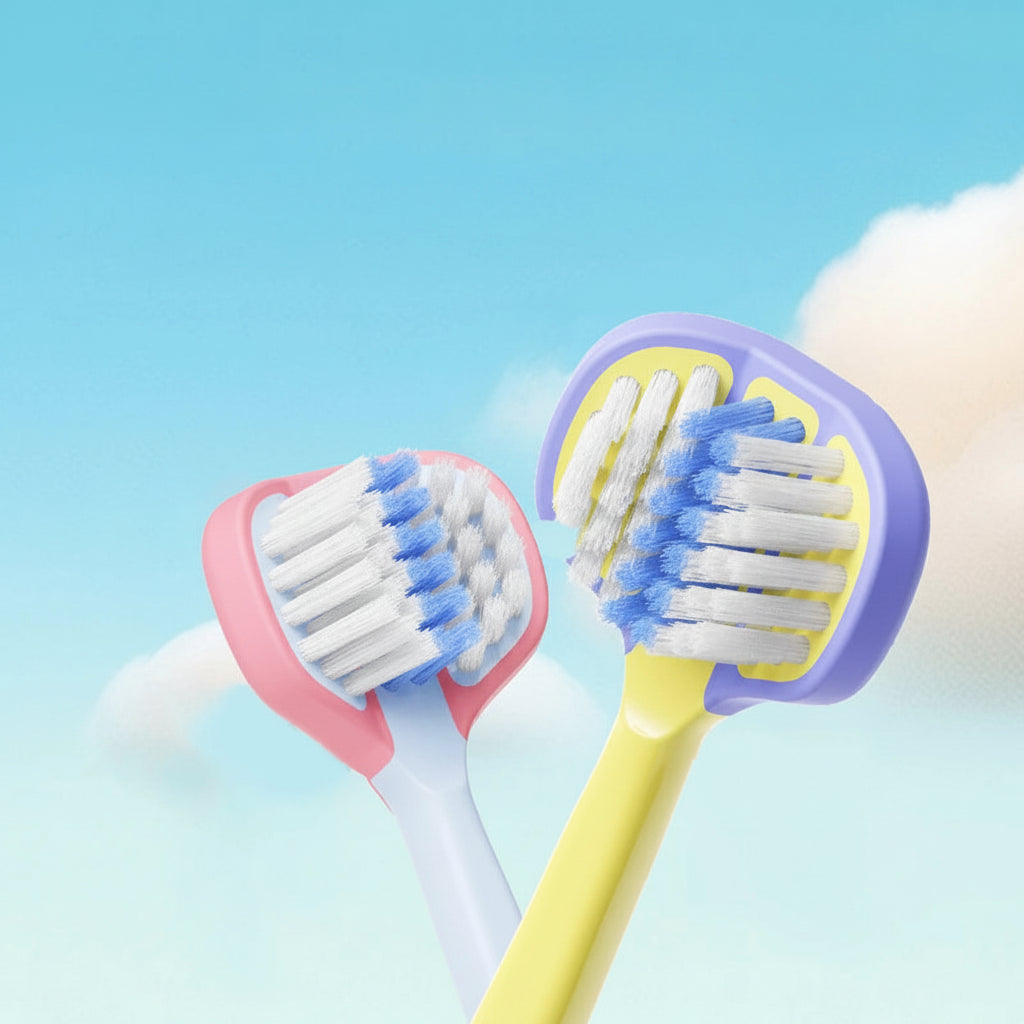 Two children's toothbrushes with text on a blue background