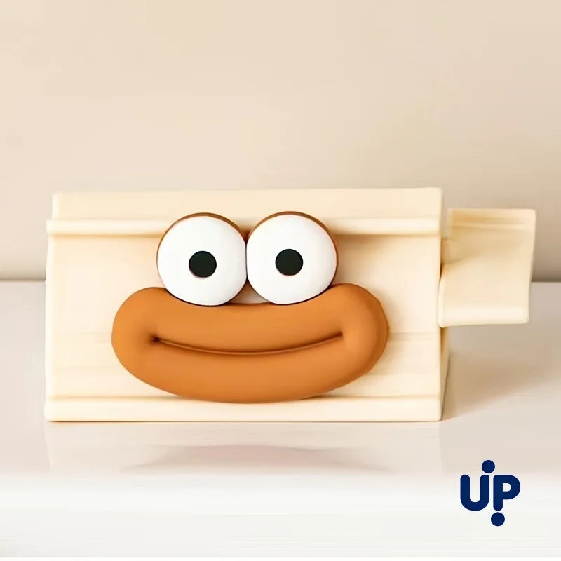 Wooden toy with a face made of clay on a beige background