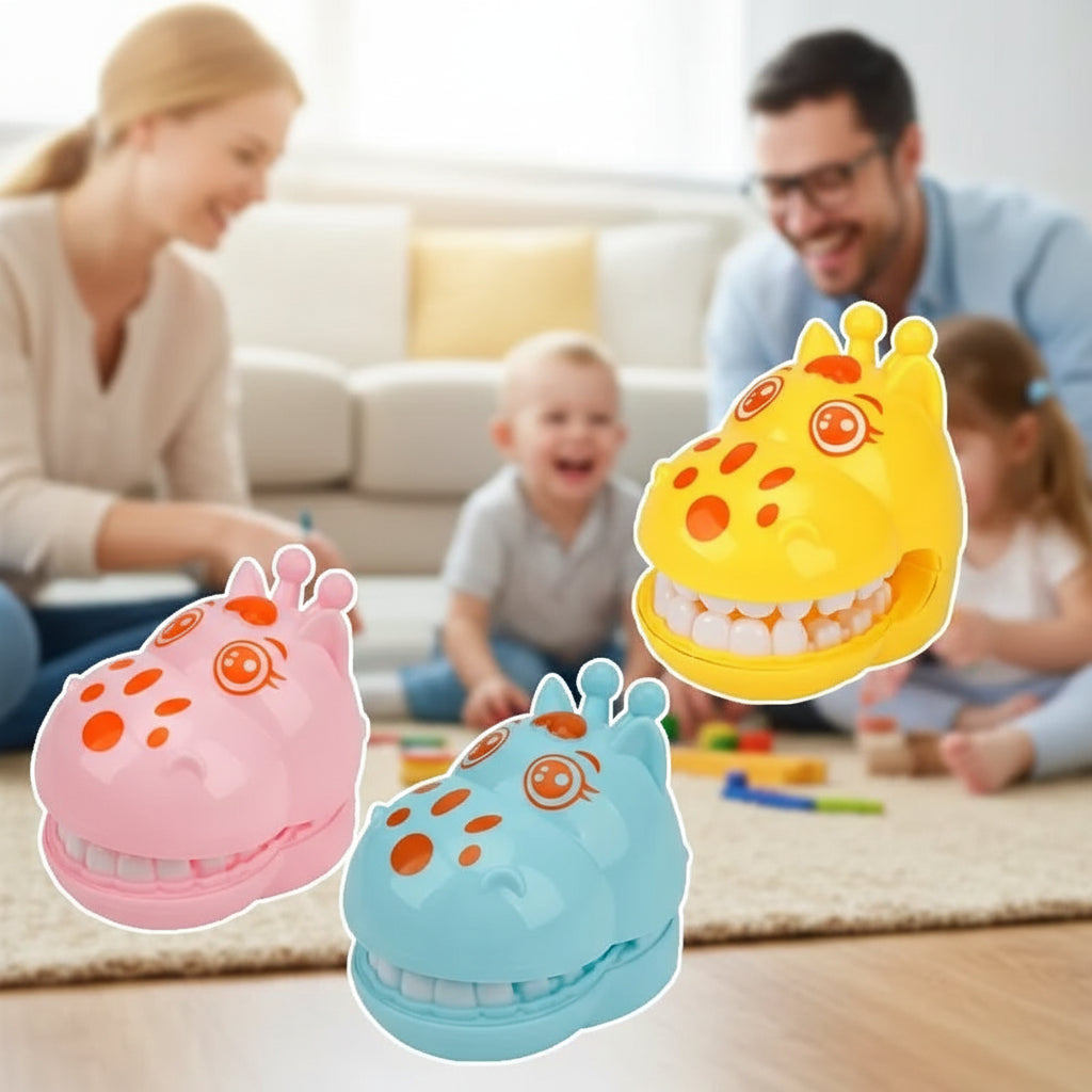 Three colorful monster toys with a blurred background of children playing.