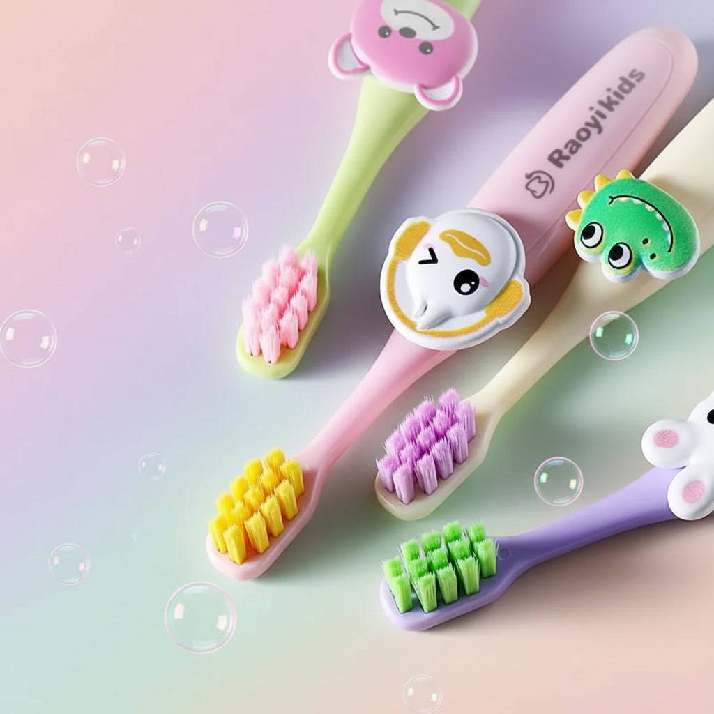 Colorful children's toothbrushes with cartoon designs on a light background