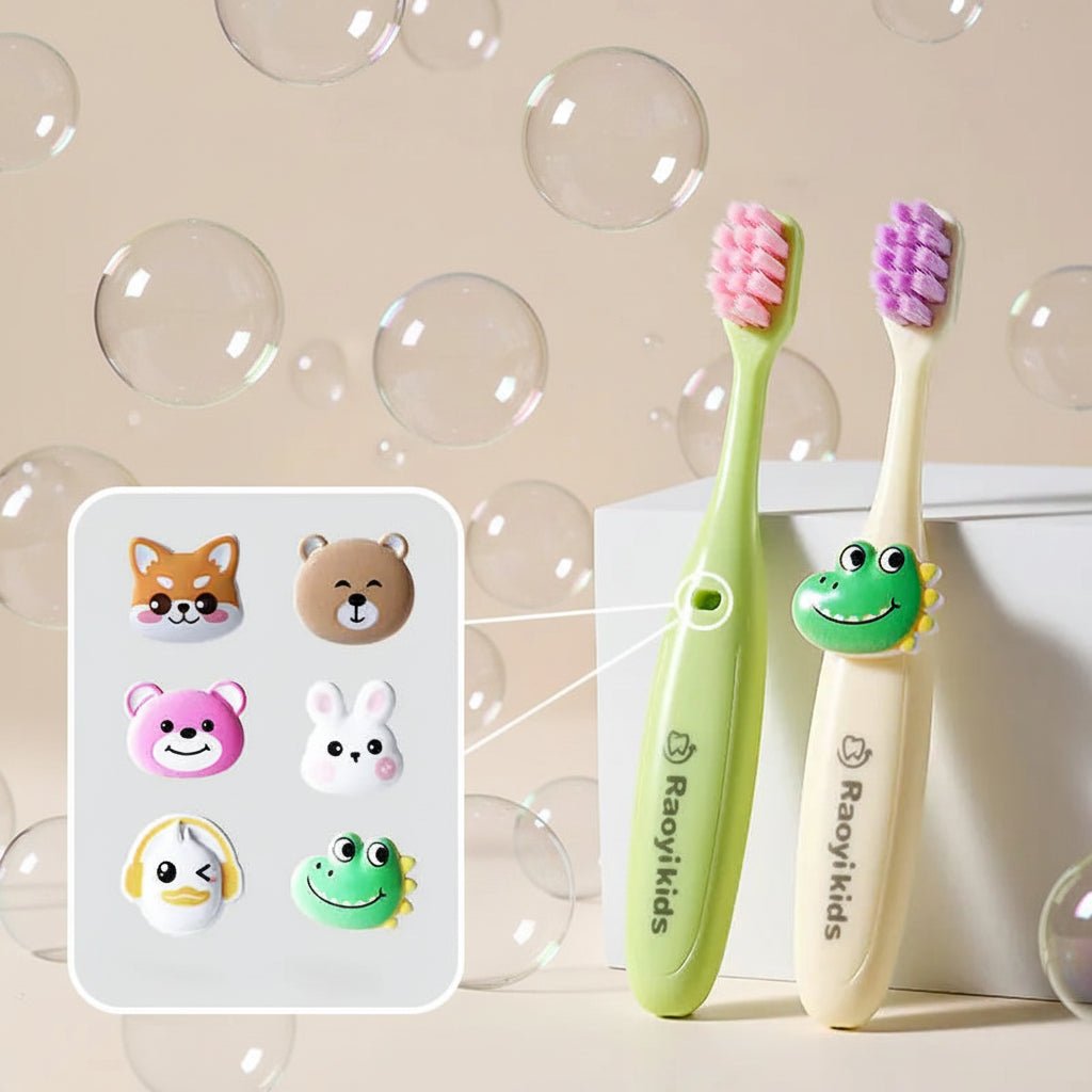 Two children's toothbrushes with animal-themed heads and a matching character card on a beige background.