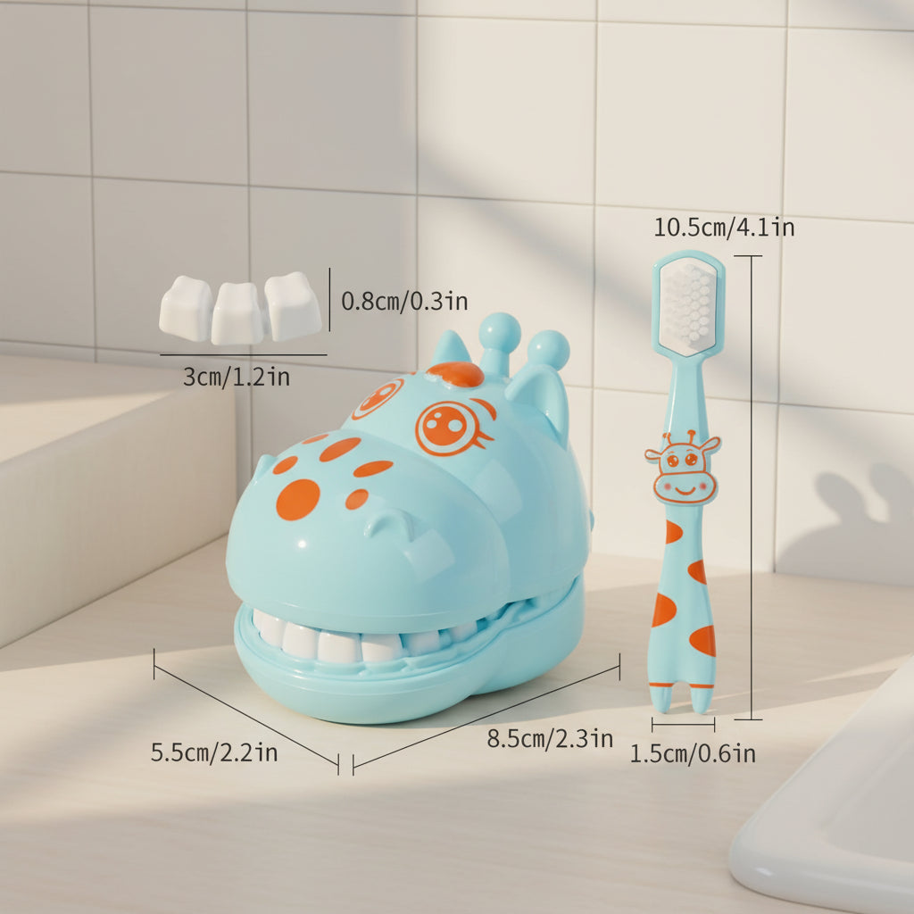 Children's toothbrush with dinosaur design and measurements on a white background