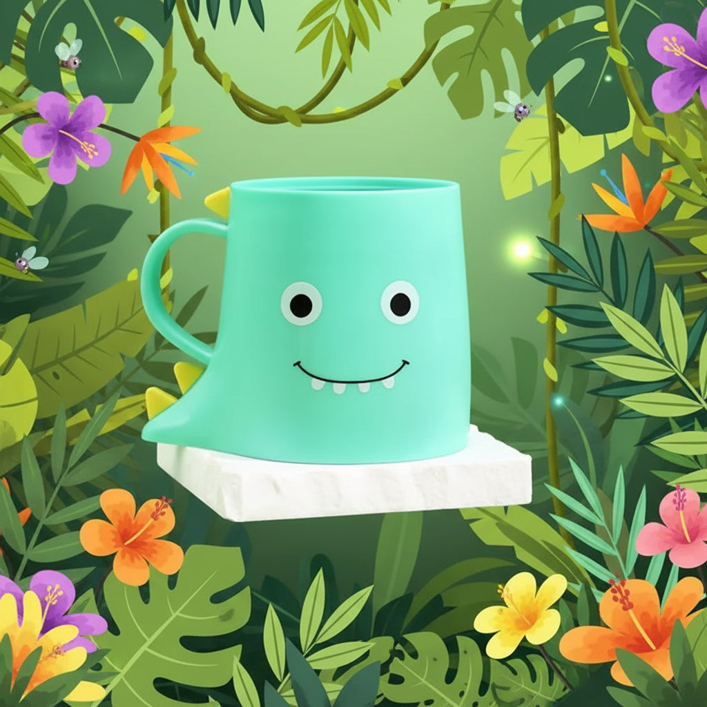 Green mug with a smiley face design on a green background