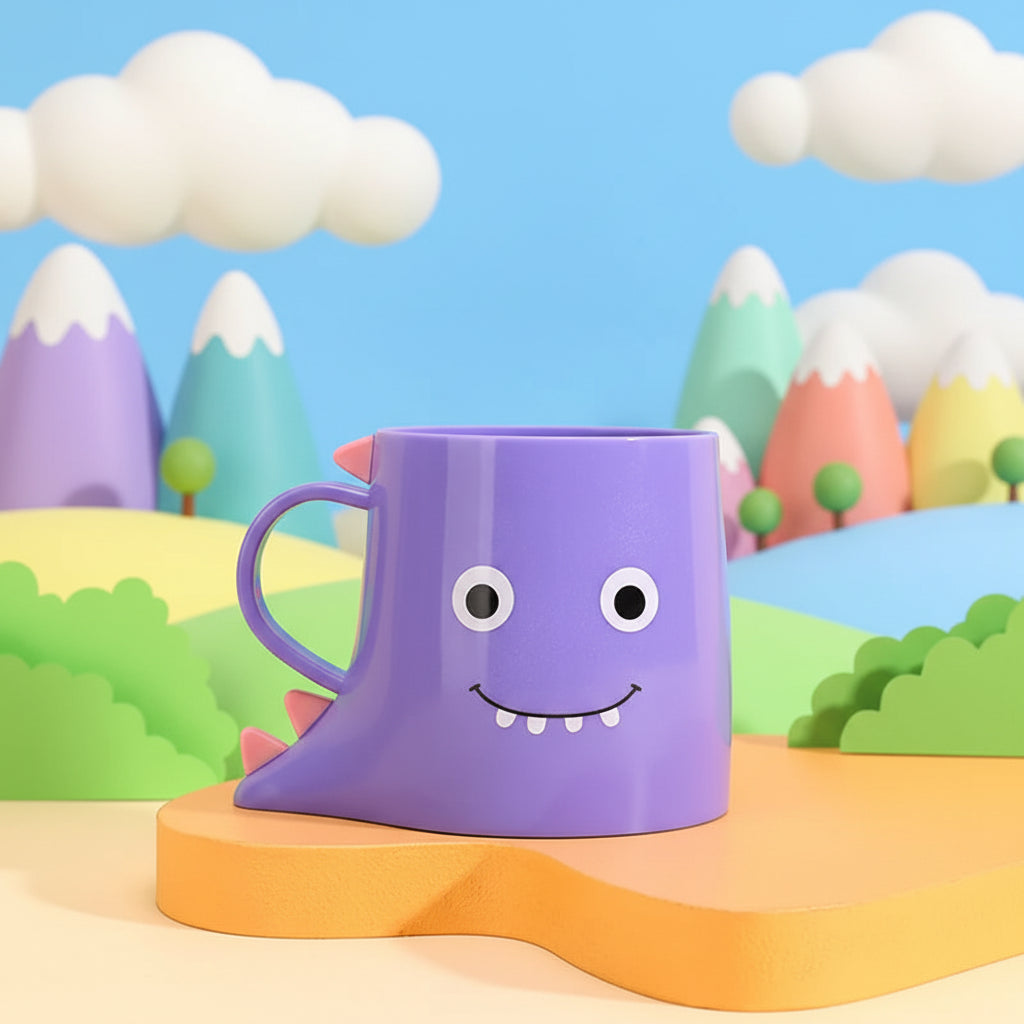 Purple mug with a smiling face design on a yellow background