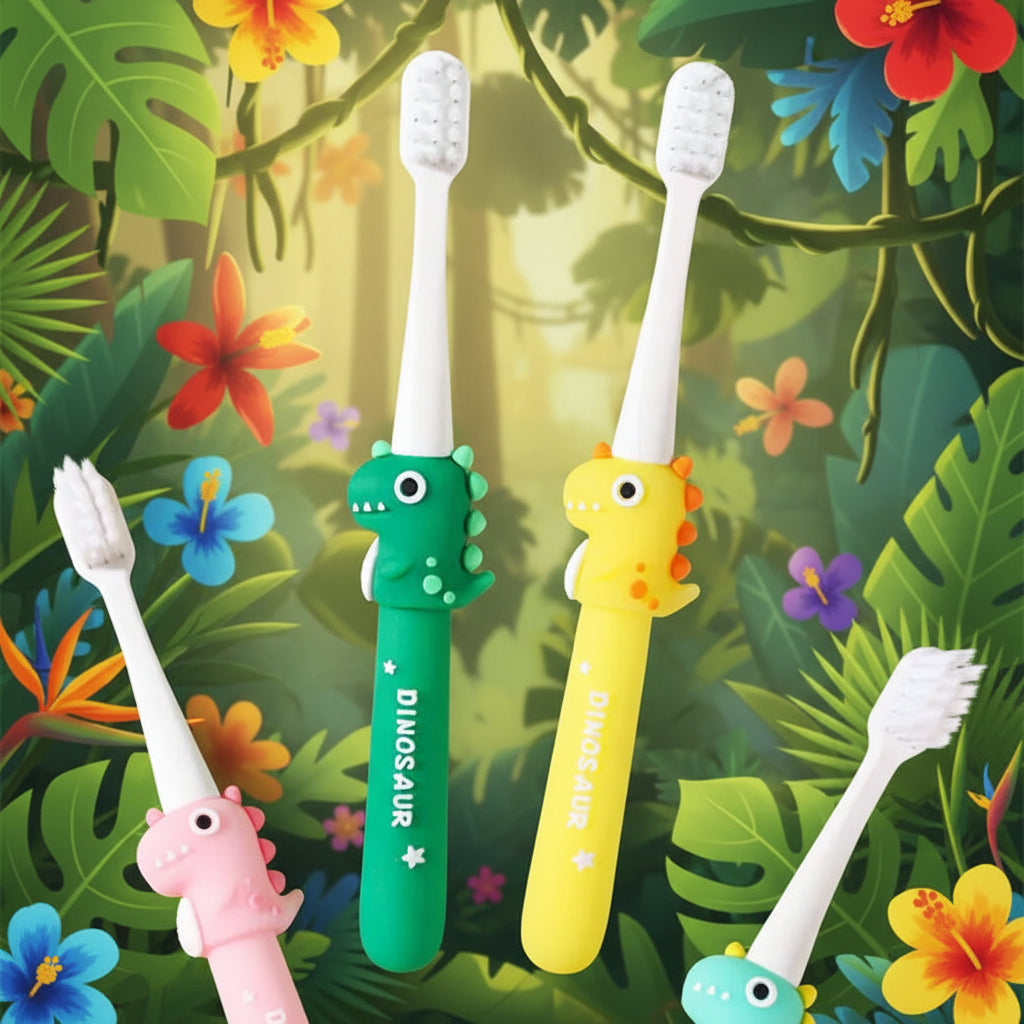 Children's dinosaur-themed toothbrushes on a yellow background