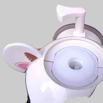 White electronic device with a circular component and pink accents, held by a hand.