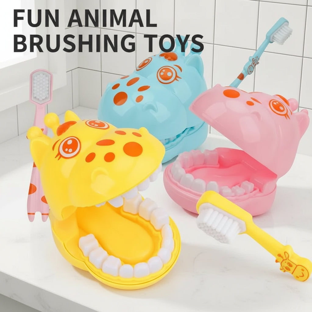 Toy animal dentures with brushes on a colorful background