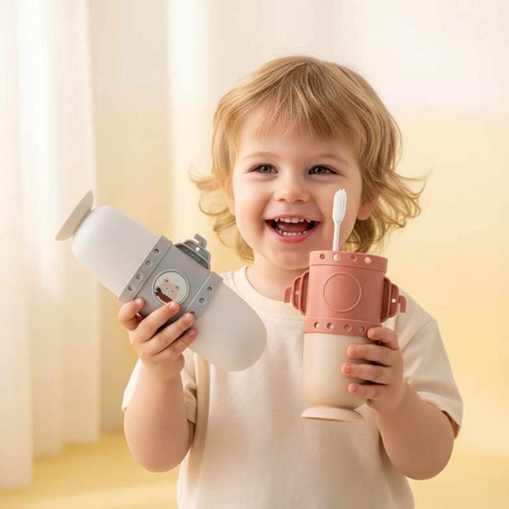 Cylindrical white and gray container with a cartoon character on a dark surface, with a pink holder and toothbrushes in the background.