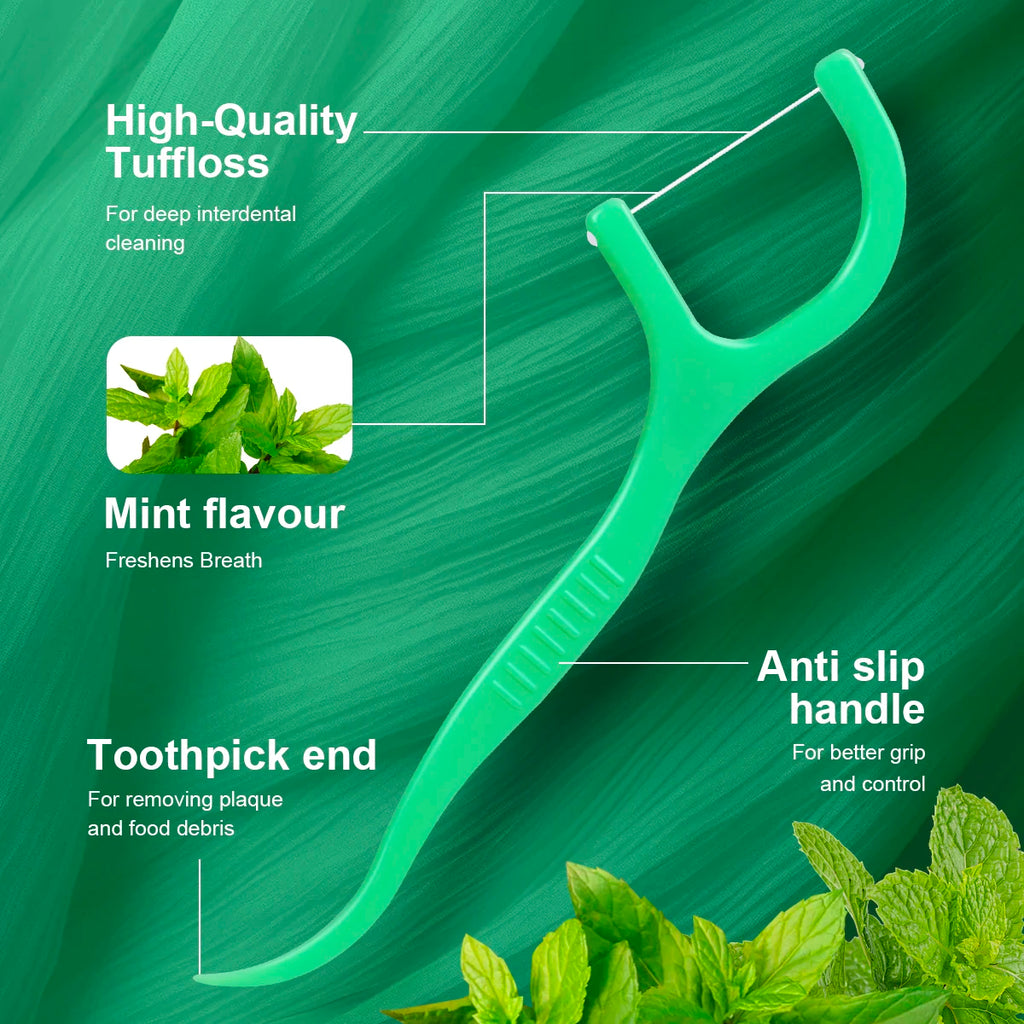 Green tuffloss dental tool with mint flavor on a green background