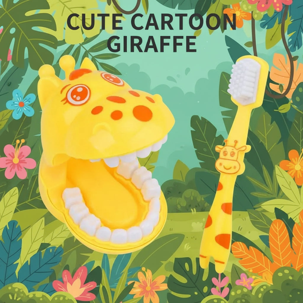 Cartoon giraffe-shaped toothbrush and case on a blue background with ocean scene