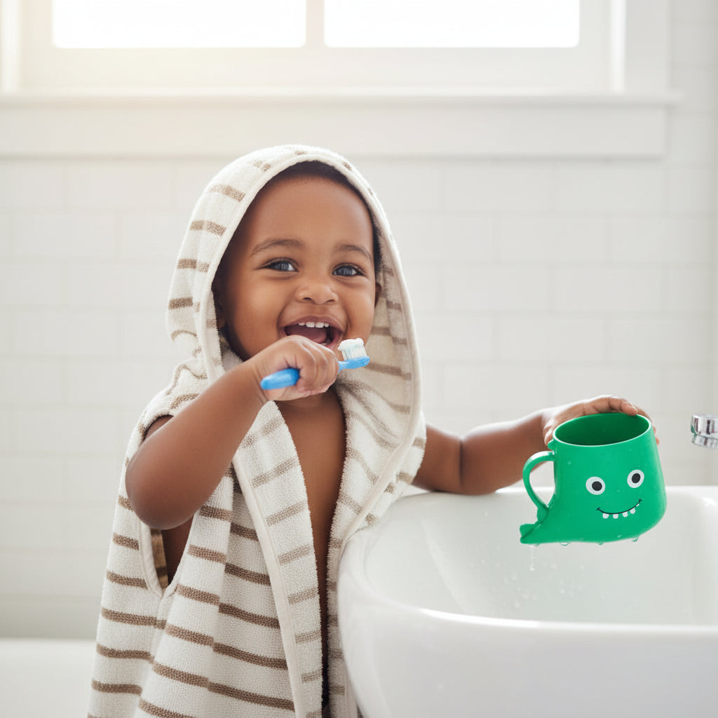 Green cup with a smiley face held by a child's hand on a white background