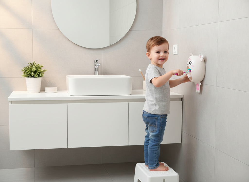 Child using a children's toothbrush in a bathroom setting