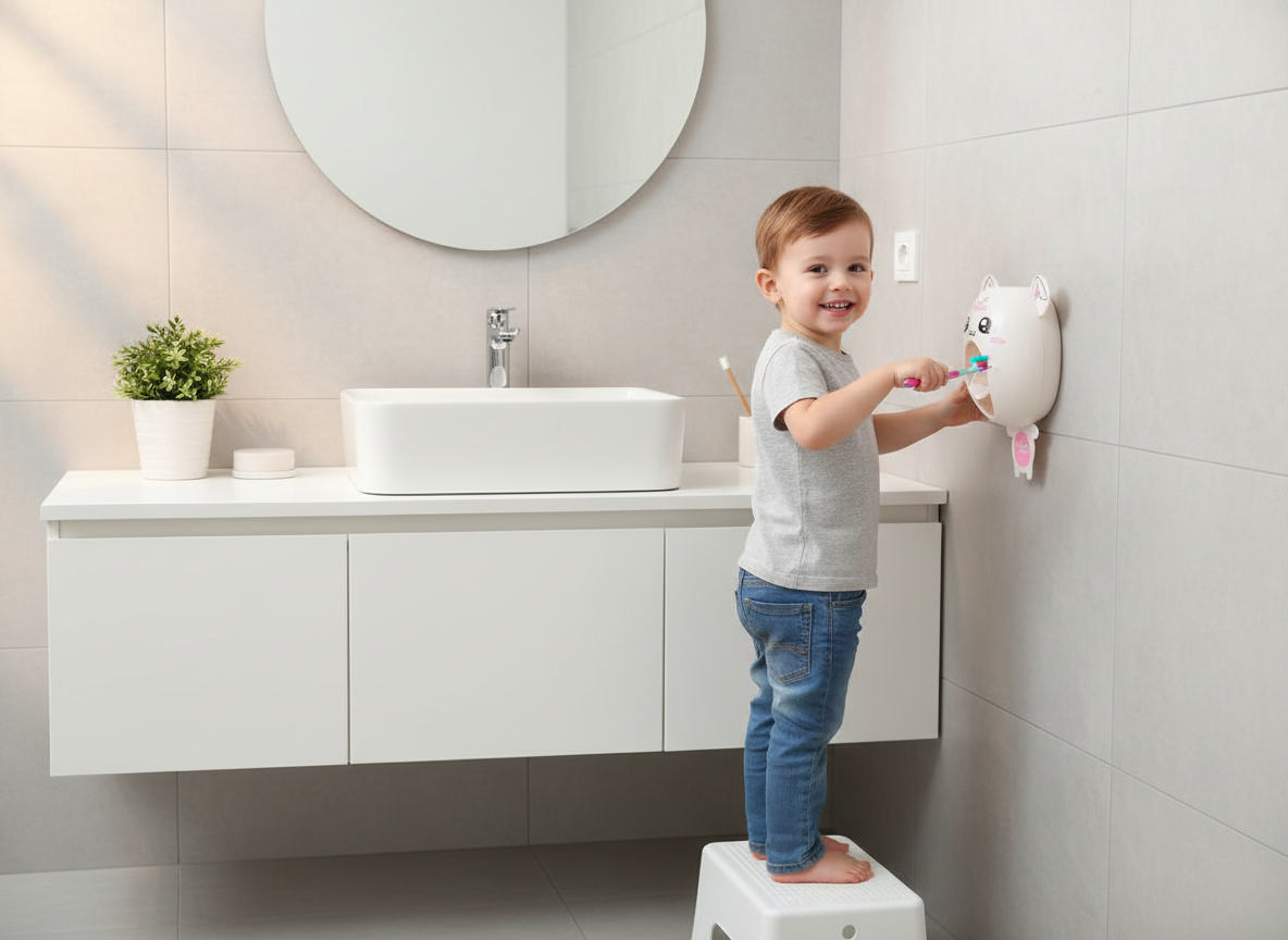 Child using a children's toothbrush in a bathroom setting