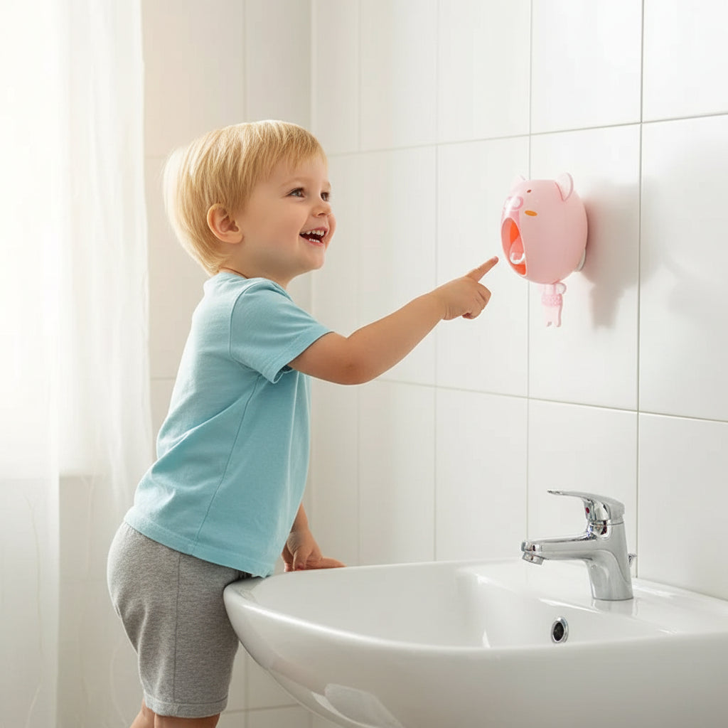 Pink bear-shaped container with a red interior on a beige background