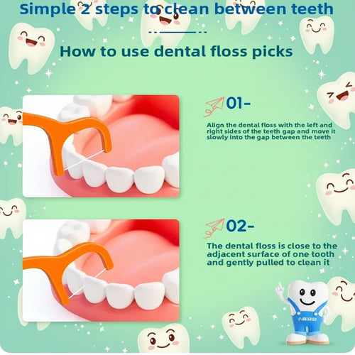 Instructions on how to use dental floss picks with illustrations and text on a green background.