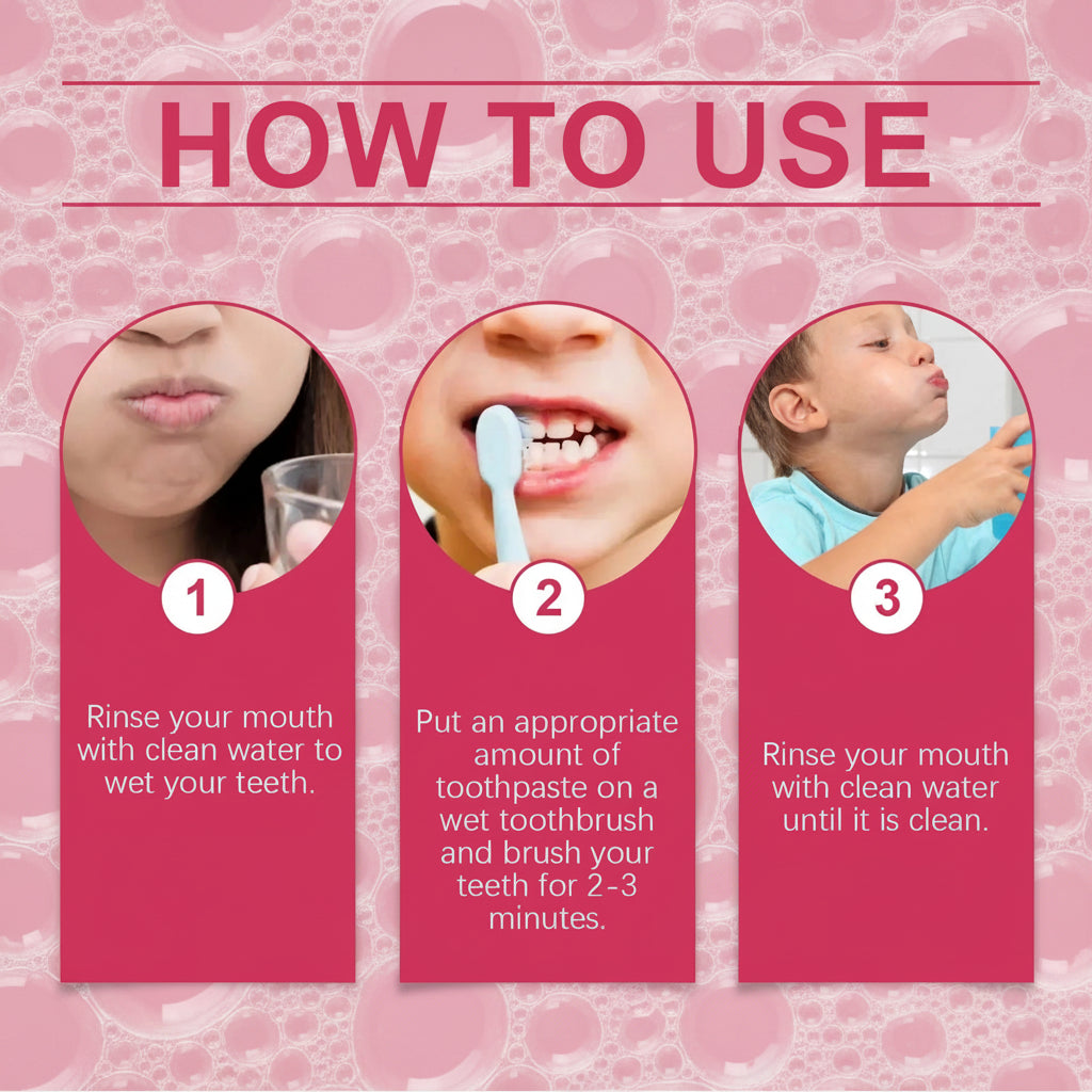 Instructions on how to use toothpaste and brush teeth on a pink background