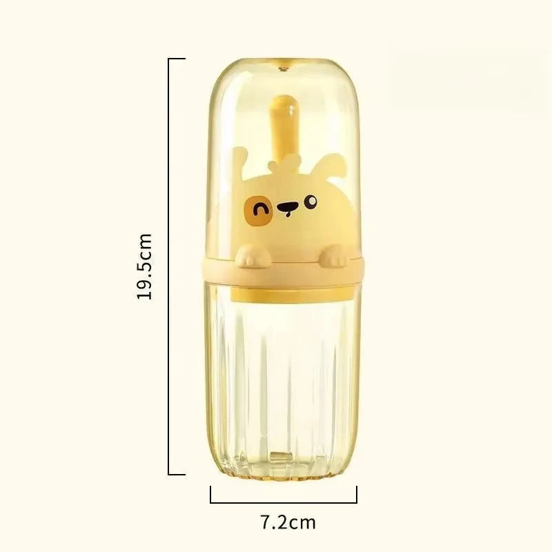 Clear bottle with cartoon bear lid and dimensions on a white background