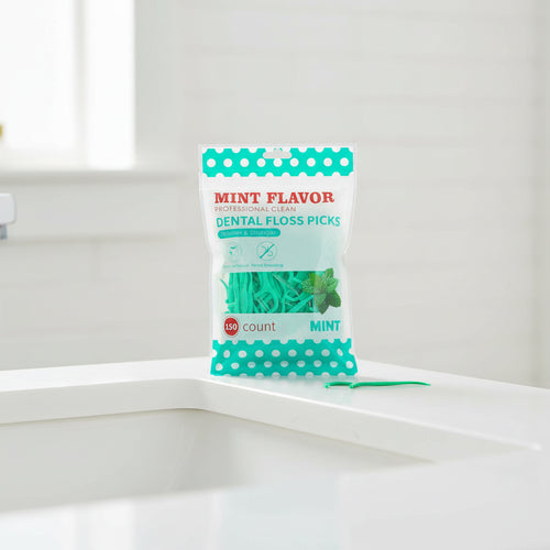 Pack of mint-flavored dental floss picks with a polka dot design on a natural background.