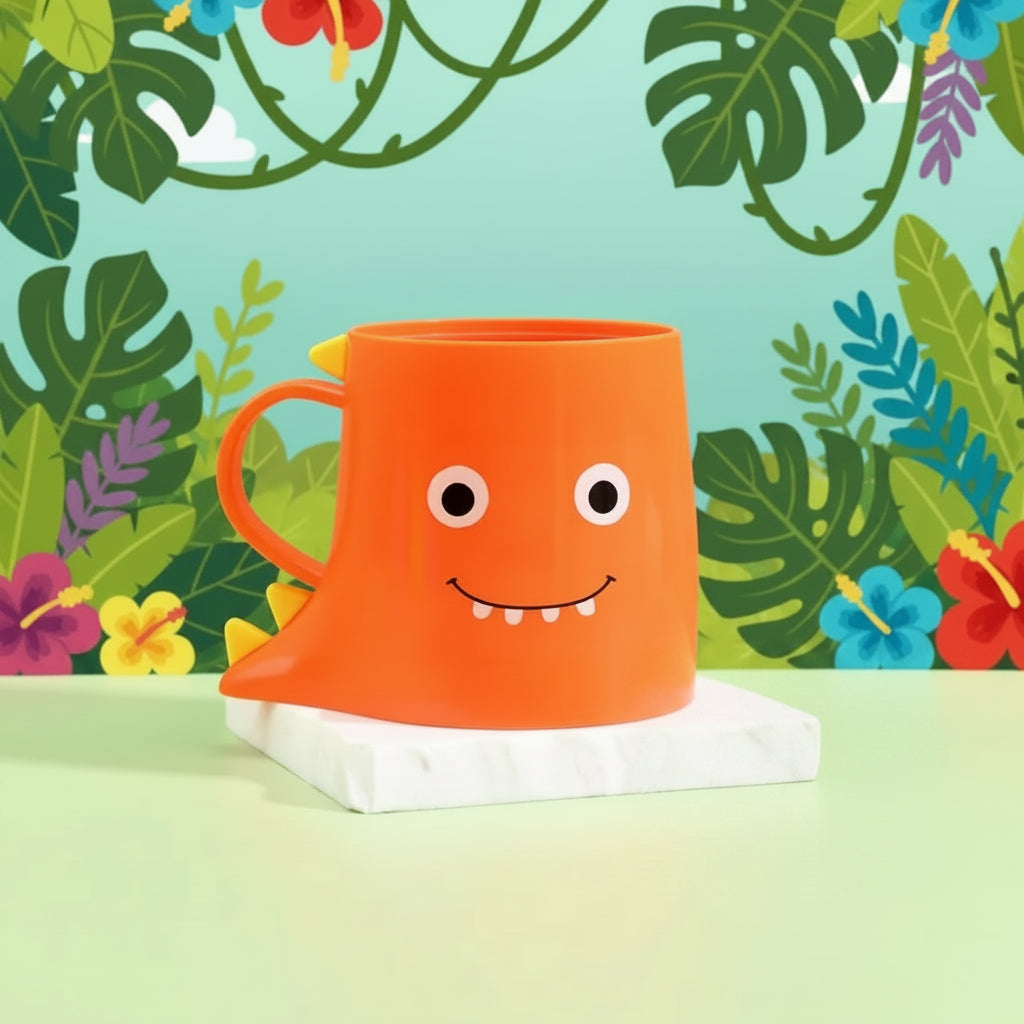 Orange mug with a smiley face design on a green background