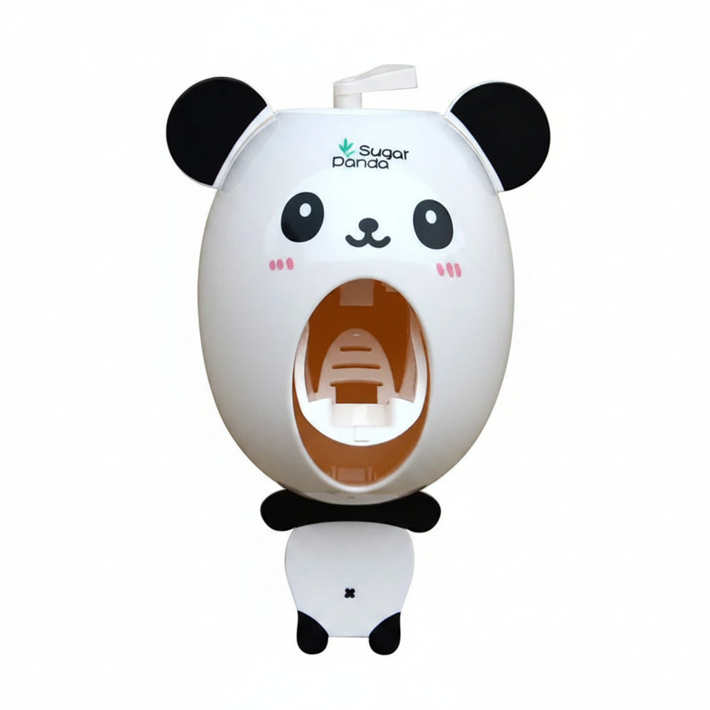 Panda-shaped toothbrush holder with a cartoon face on a beige wall.