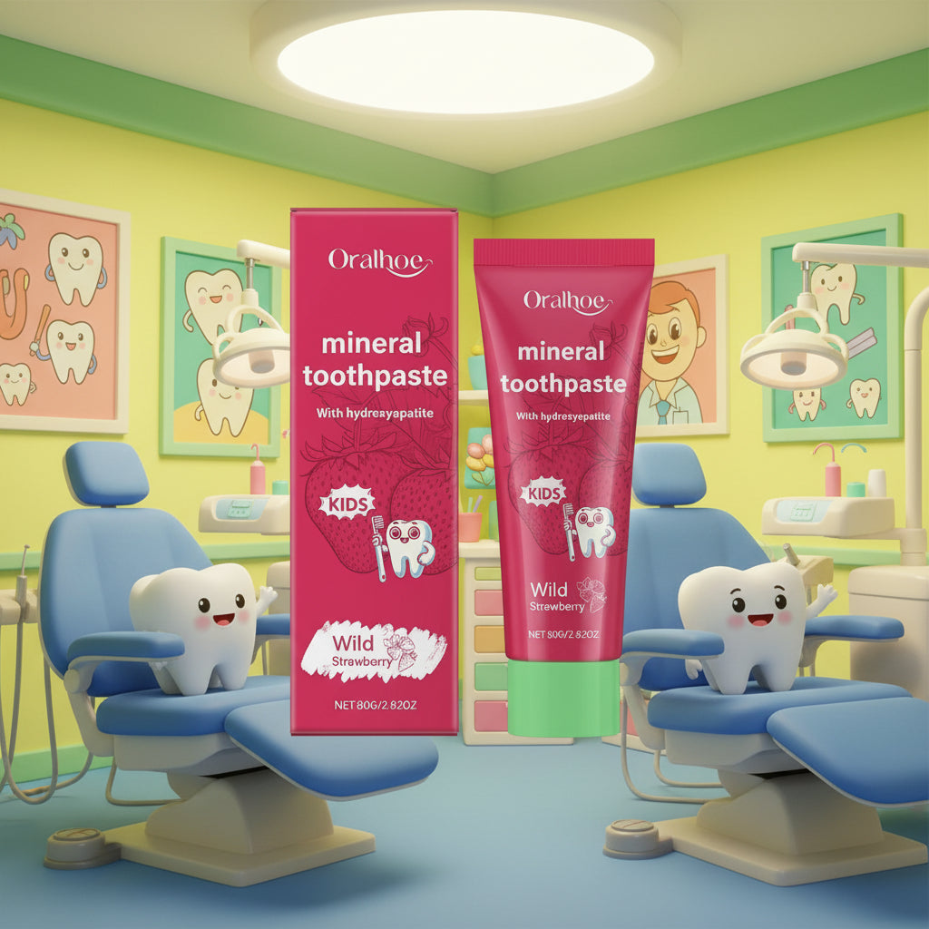 Oralhoo mineral toothpaste for kids with pink packaging and green cap on a white background