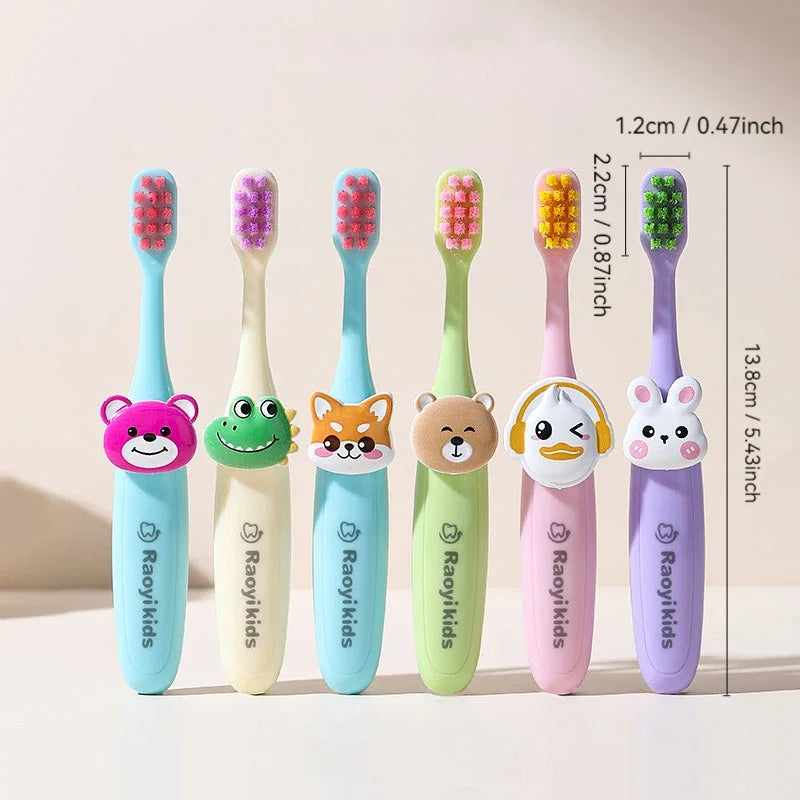 Set of colorful children's toothbrushes with cartoon animal heads and Ravykids branding, featuring measurements on a light background.
