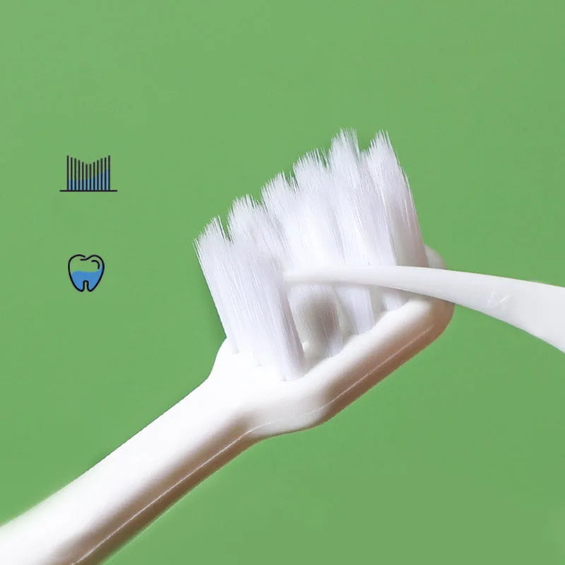 White toothbrush on a green background with dental icons.