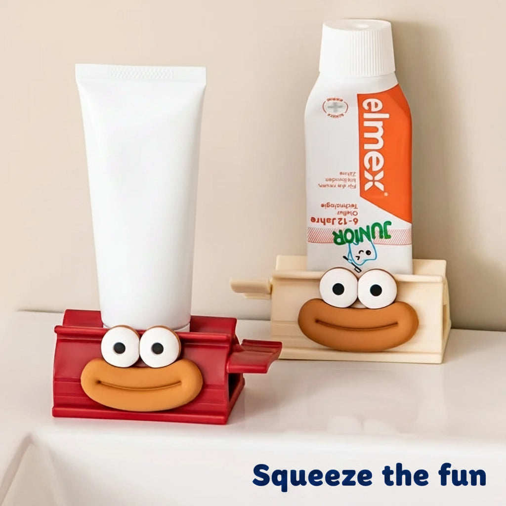 Two children's toothbrushes in cartoon stands with a neutral background