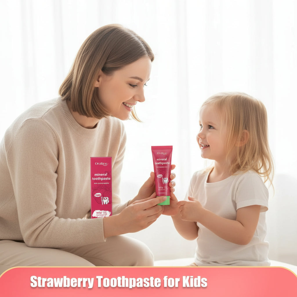 Oralhooe strawberry toothpaste for kids with a child model and product packaging.