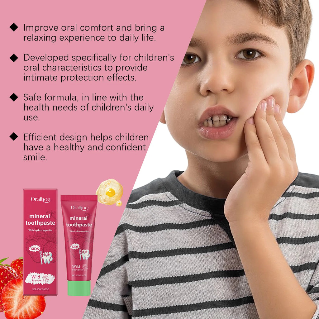 Child with toothache holding cheek, with Oral-B toothpaste products on a pink background