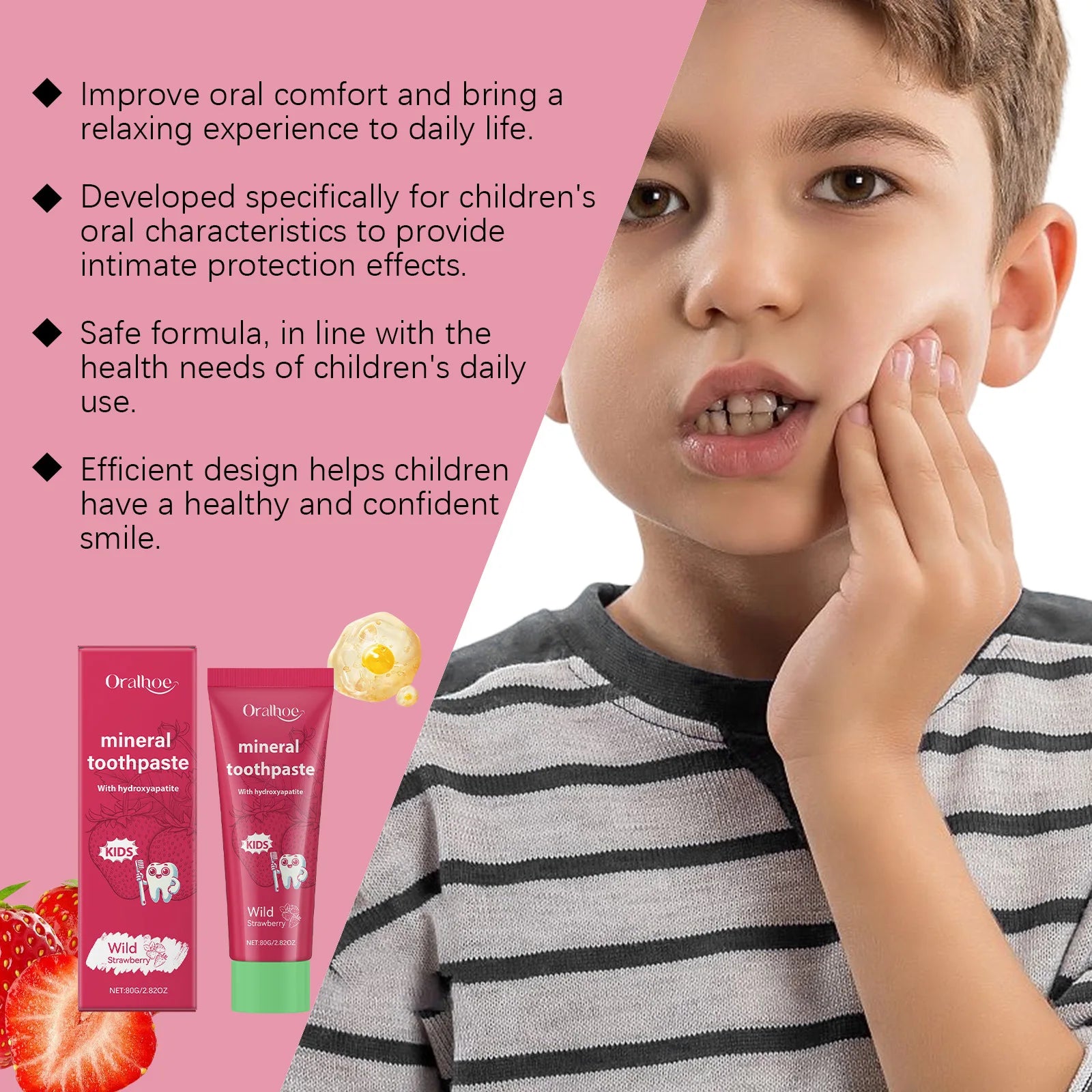 Child with toothache holding cheek, with Oral-B toothpaste products on a pink background