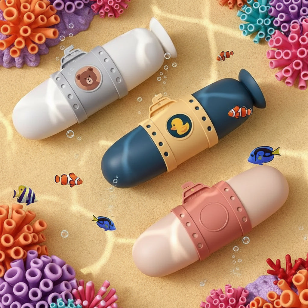 Three colorful submarine-shaped containers on a yellow and blue background with starfish decorations.