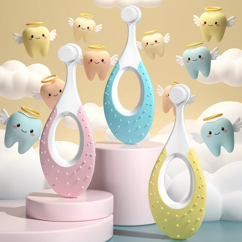 Three colorful baby teething rings on stands against a teal background