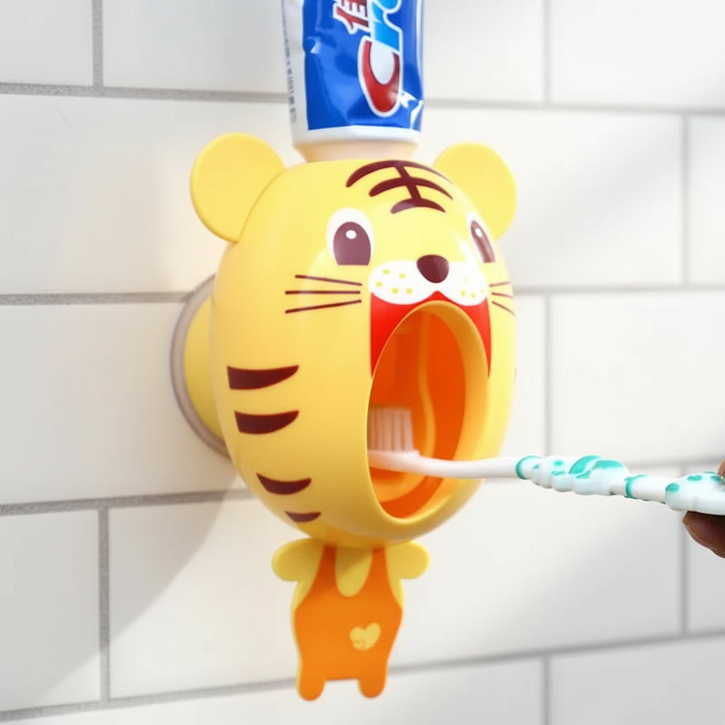 Yellow tiger-shaped toothbrush holder with a toothbrush inside, against a beige wall.