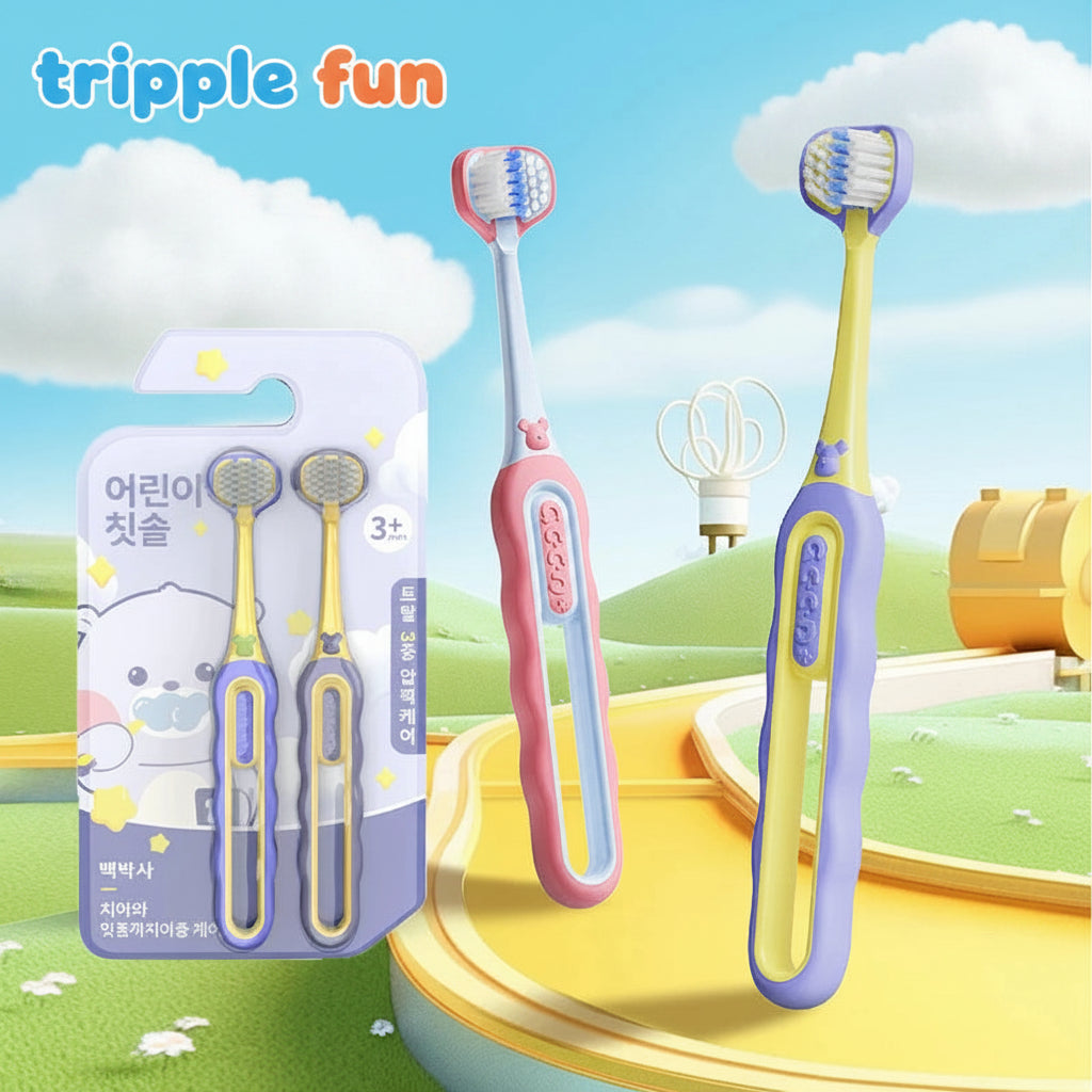 Two children's toothbrushes with packaging on a colorful background