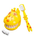 Yellow giraffe-themed children's toothbrush and holder set on a white background