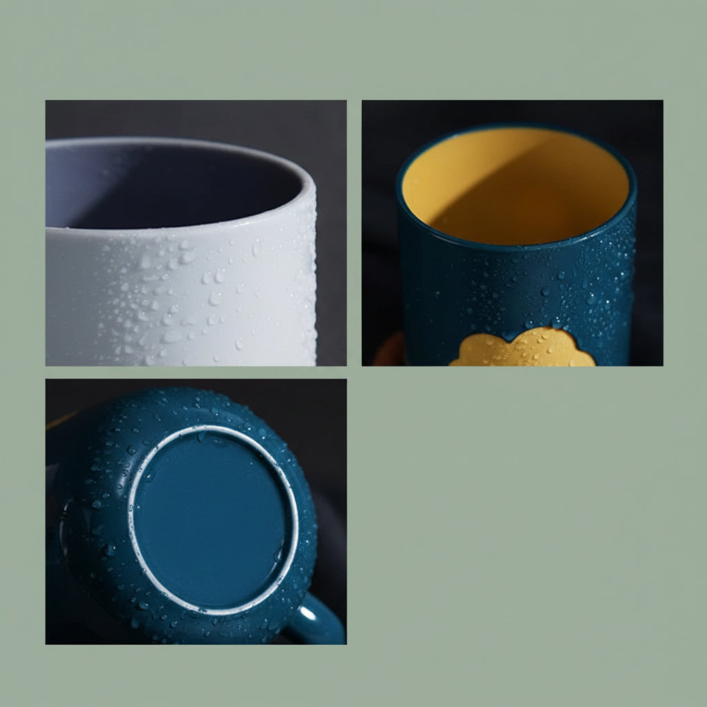 Ceramic cup with blue and yellow design, showing different angles and features.