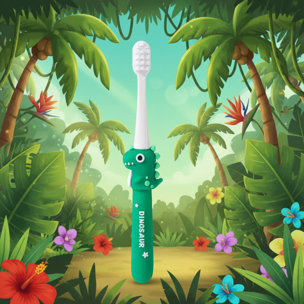 Green dinosaur-shaped toothbrush on a white background